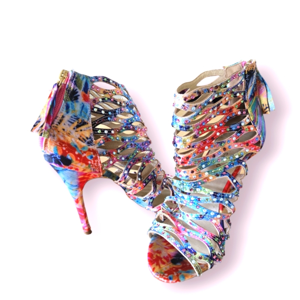 ZIGI SOHO "EVERLY" PEEP TOE STILETTO HEELS SIZE 8 PINK/MULTI/RHINESTONES…